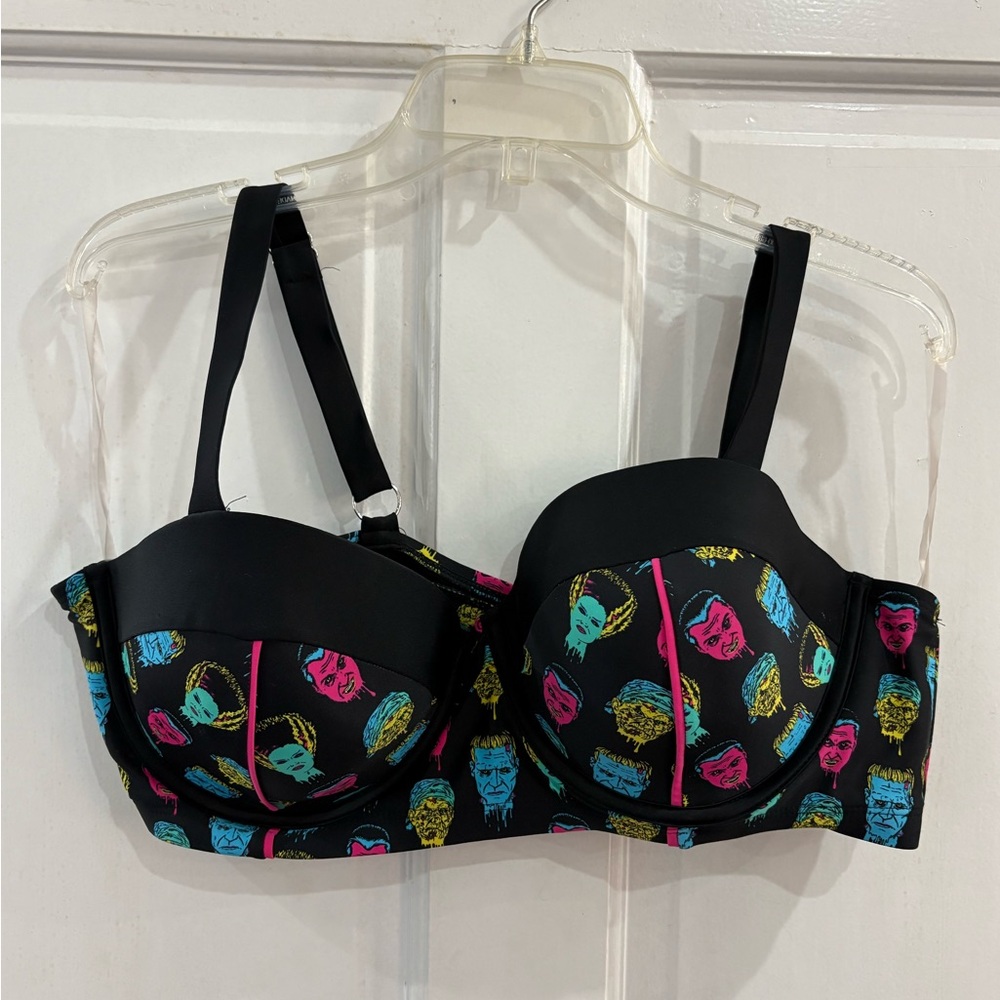 Vibrant Black Swim Bra with Colorful Faces